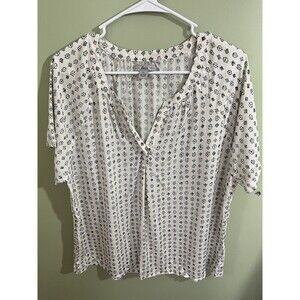 Bass Women's Top Blouse Short Sleeve White with Black Print Size XL Rayon
